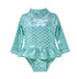 UPF 50+ Alissa Infant Ruffle Rash Guard Swimsuit - Fairy Tale Scales, teal rash guard with sparkly, holographic, glitter mermaid scales