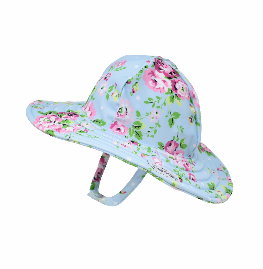 UPF 50+ Summer Splash Swim Hat - blue swim sunhat with pink flowers and green leaves