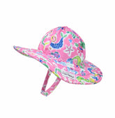 UPF 50+ Summer Splash Swim Hat - Mystic Mermaids, pink swim sunhat with multicolored mermaids, sea animals, and flowers