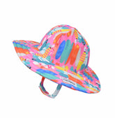 UPF 50+ Summer Splash Swim Hat - Pink Beach Boards, pink swim sunhat with orange, green, blue, and yellow surfboards