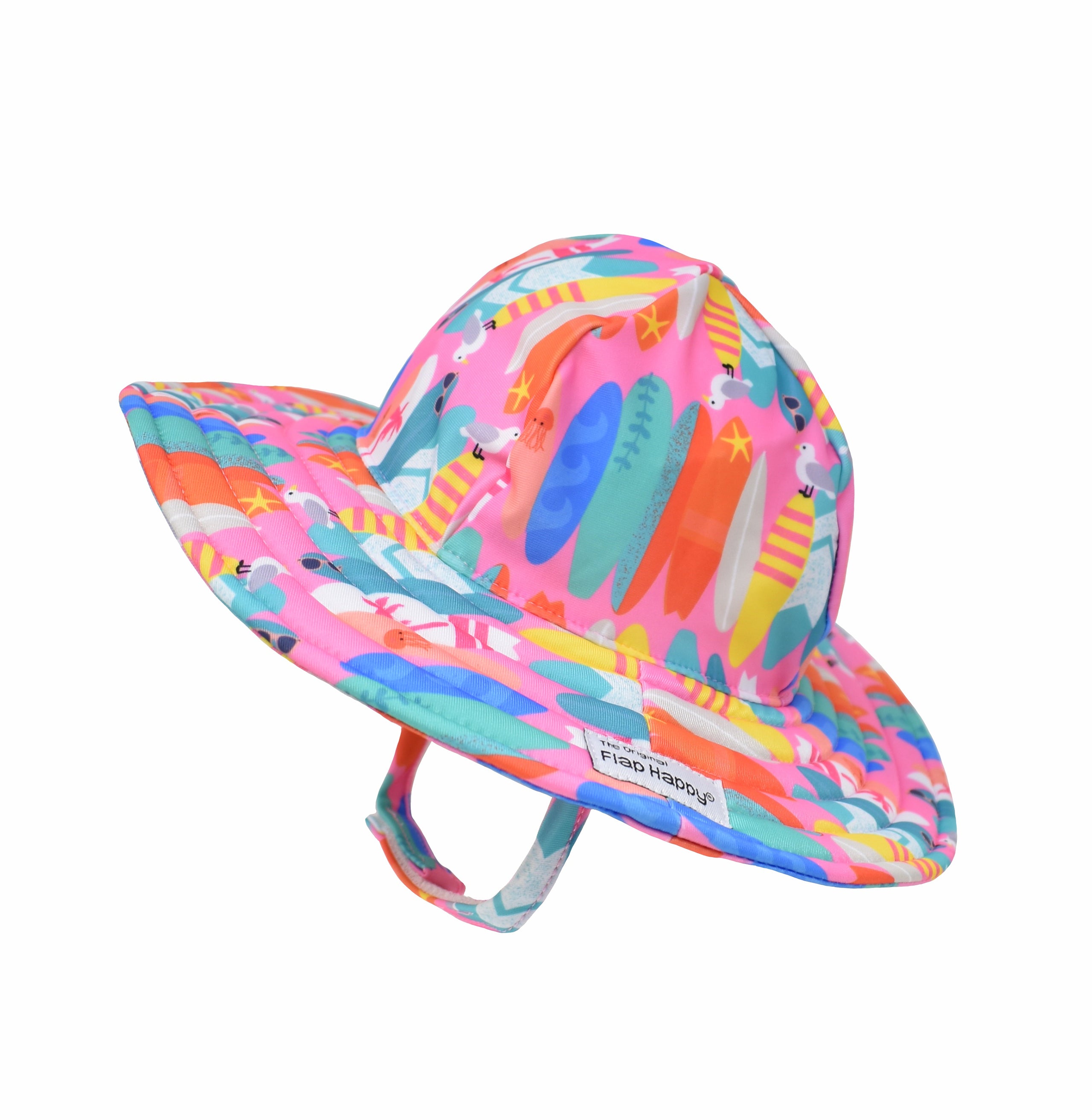 UPF 50+ Summer Splash Swim Hat - Pink Beach Boards, pink swim sunhat with orange, green, blue, and yellow surfboards