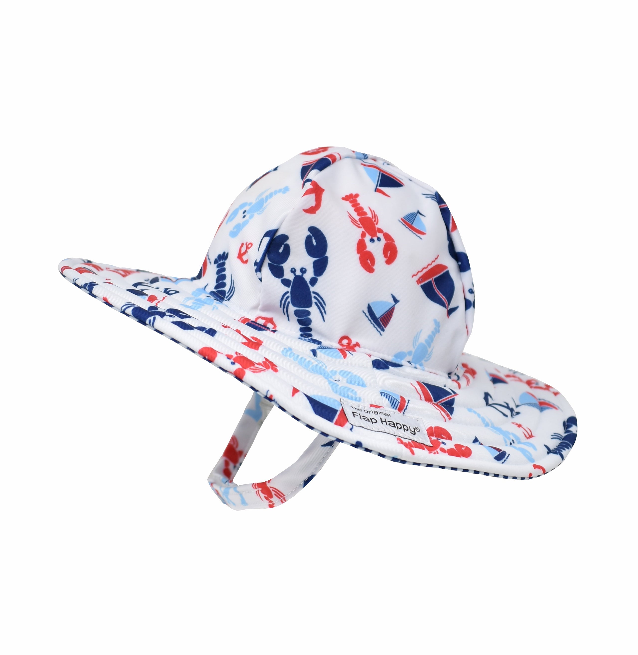 UPF 50+ Summer Splash Swim Hat - Sunday Sails, white swim sunhat with red and blue lobsters, sailboats, and anchors