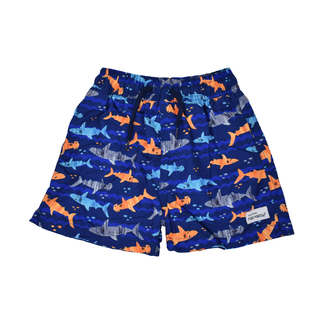 UPF 50+ Wesley Swim Trunks with Mesh Liner - Artsy Sharks, navy swim trunks with orange, blue, and grey cartoon sharks