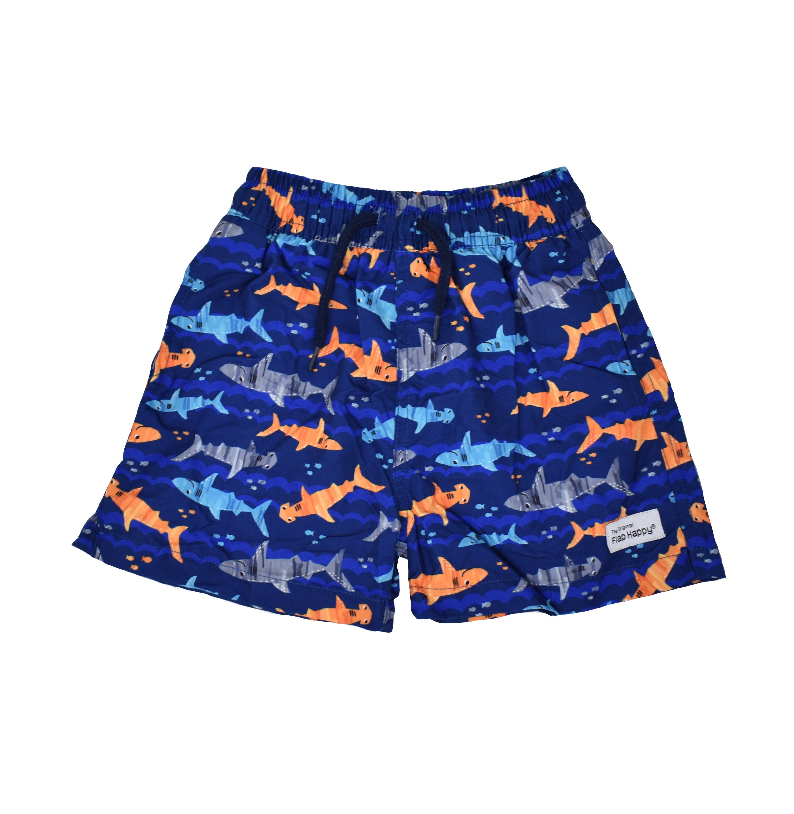 UPF 50+ Wesley Swim Trunks with Mesh Liner - Artsy Sharks, navy swim trunks with orange, blue, and grey cartoon sharks