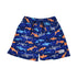 UPF 50+ Wesley Swim Trunks with Mesh Liner - Artsy Sharks, navy swim trunks with orange, blue, and grey cartoon sharks