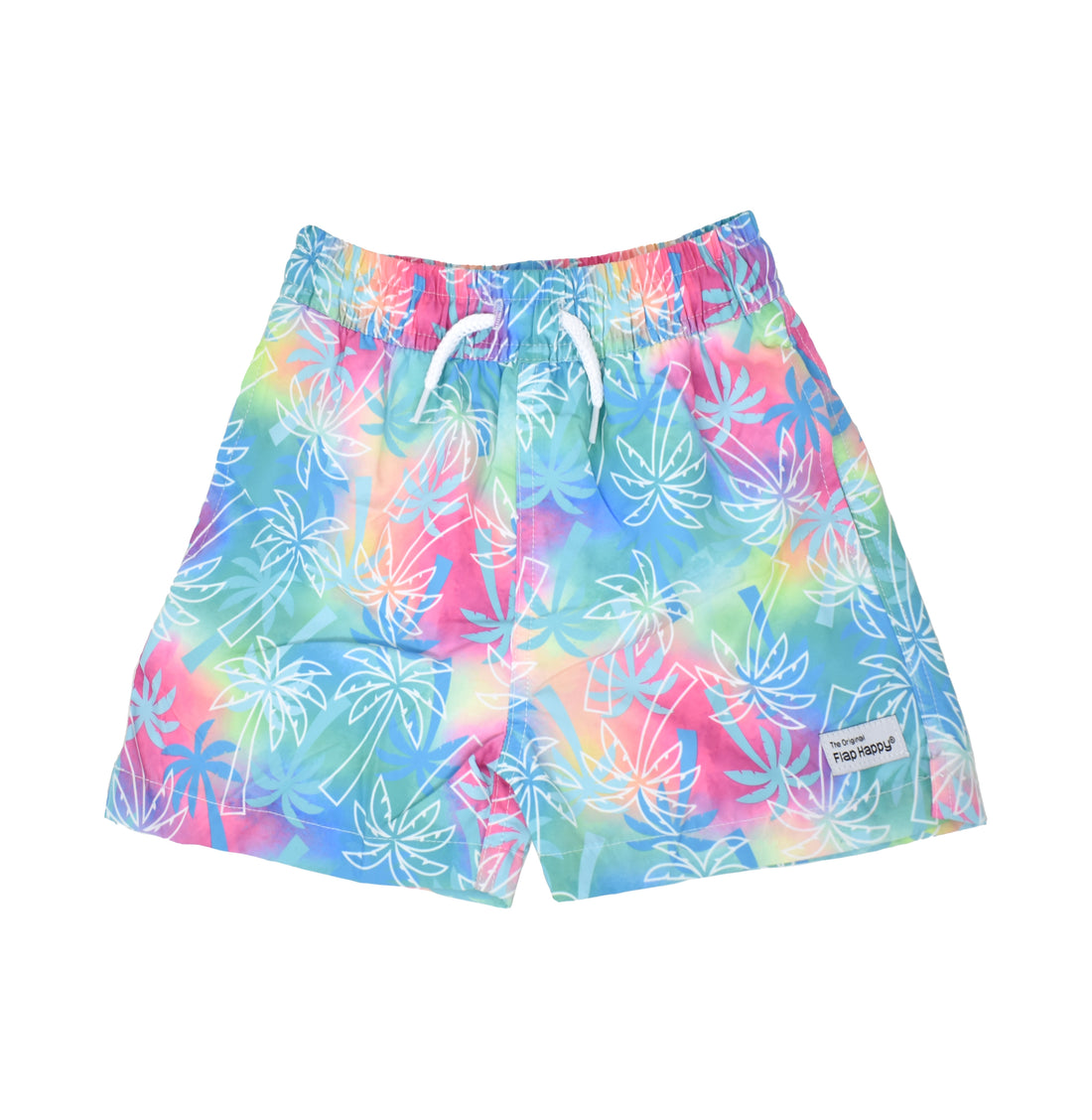 UPF 50+ Wesley Swim Trunks with Mesh Liner - Palm Paradise Blue, multicolored swim trunk with blue and white palm trees