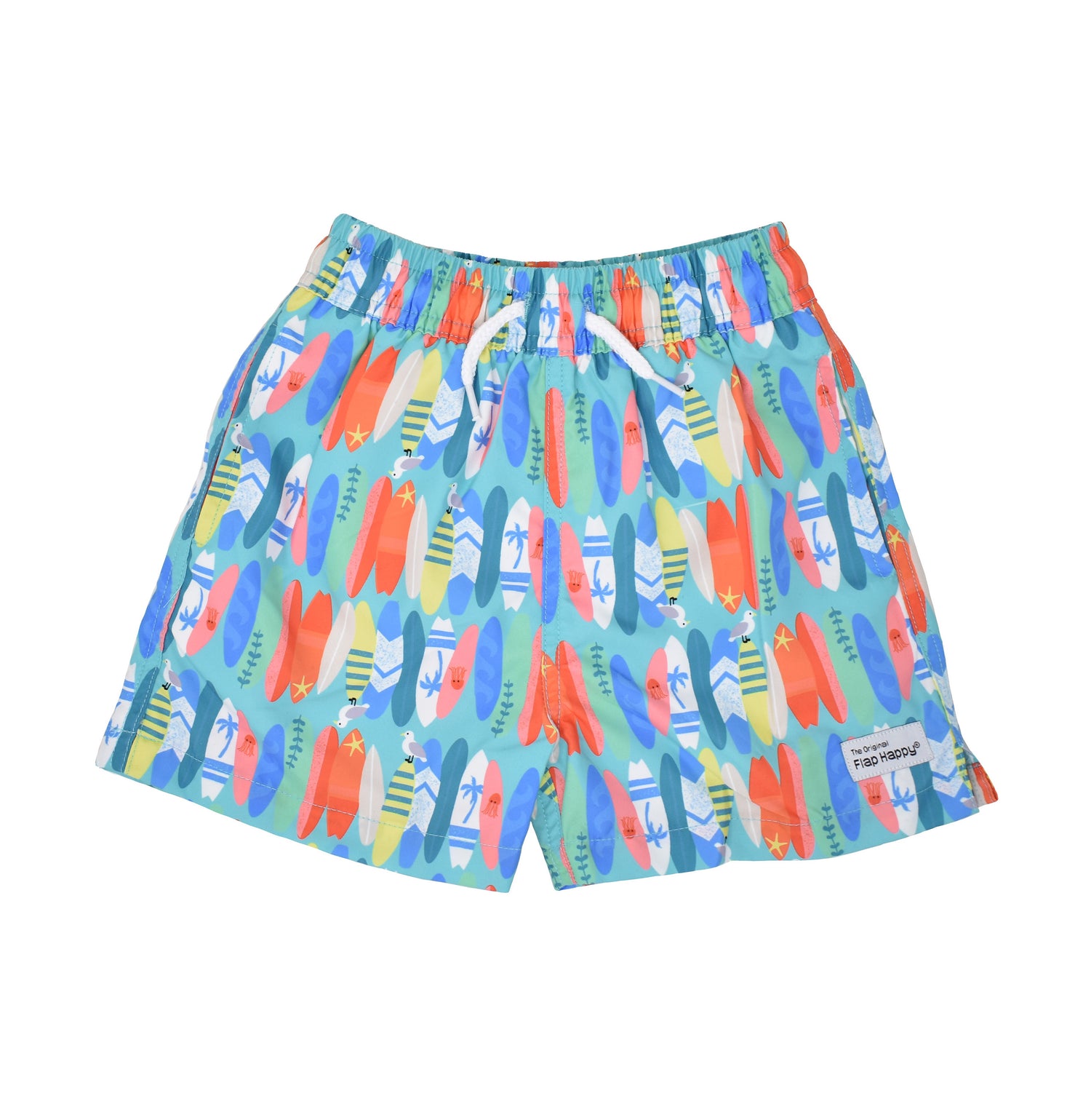 UPF 50+ Wesley Swim Trunks with Mesh Liner - Surfing Safari, teal swim trunk with orange, green blue, and yellow surfboards
