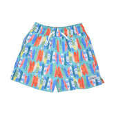 UPF 50+ Wesley Swim Trunks with Mesh Liner - Surfing Safari, teal swim trunk with orange, green blue, and yellow surfboards
