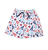 UPF 50+ Wesley Swim Trunks with Mesh Liner - Sunday Sails, white swim trunk with red and blue lobsters, sailboats, and anchors