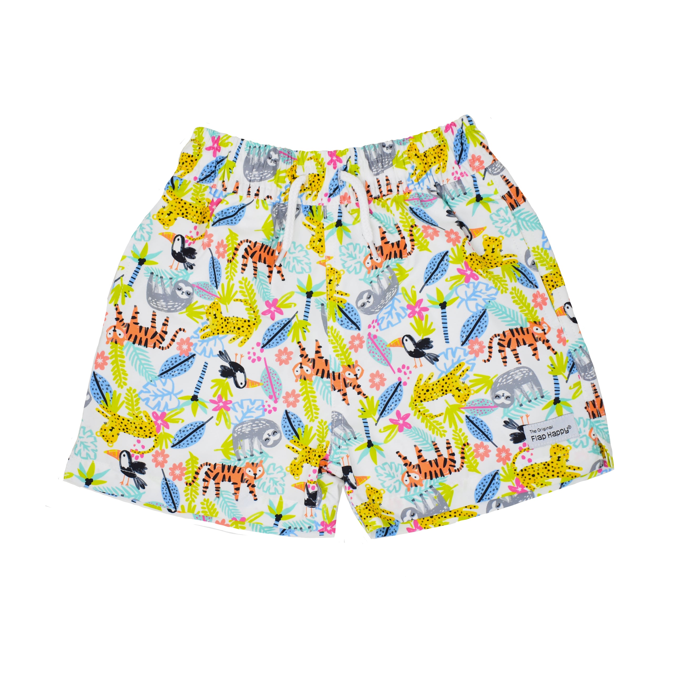 UPF 50+ Wesley Swim Trunks with Mesh Liner - Wild Jungle, white swim trunk with orange tigers, yellow cheetahs, grey sloths, black toucans, and multicolored leaves